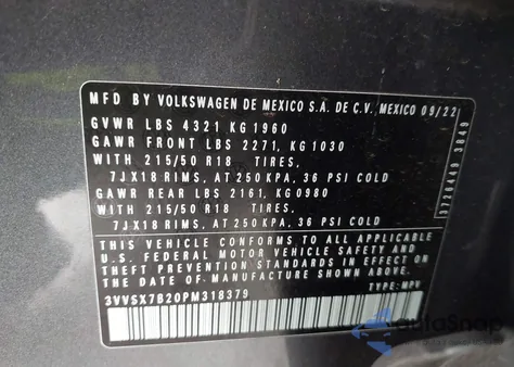 2023 Volkswagen Taos 1.5T Se из США, поврежденный, VIN 3VVSX7B20PM318379